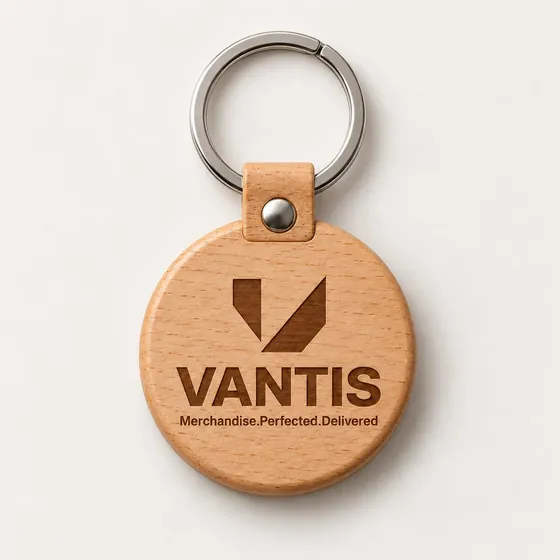 Wooden Keyring, branded with the Vantis logo