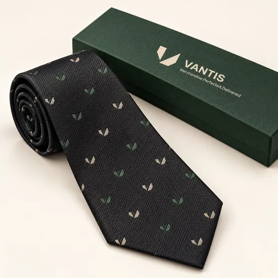 Signature Jacquard Tie, branded with the Vantis logo