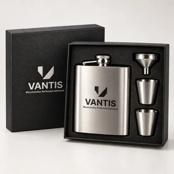 Hip Flask Set, branded with the Vantis logo