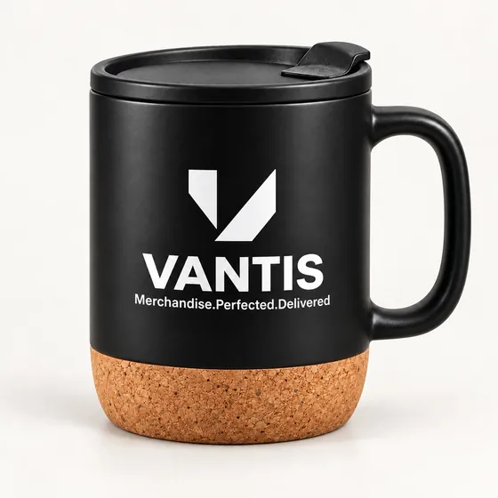 Cork Base Mug, branded with the Vantis logo