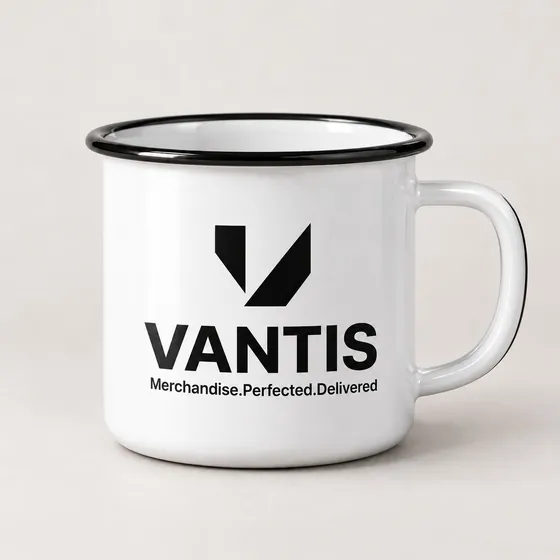 Enamel Mug, branded with the Vantis logo