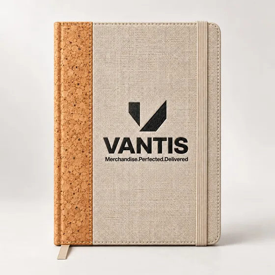 Cork & Linen Notebook, branded with the Vantis logo