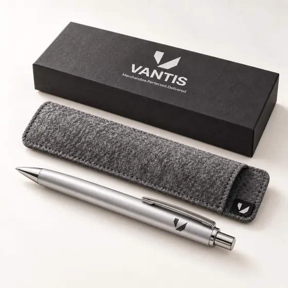Pen in Felt Pouch, branded with the Vantis logo
