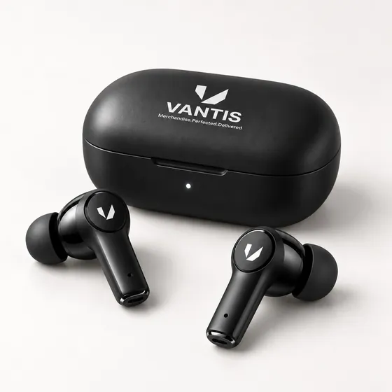 Earbuds Black, branded with the Vantis logo