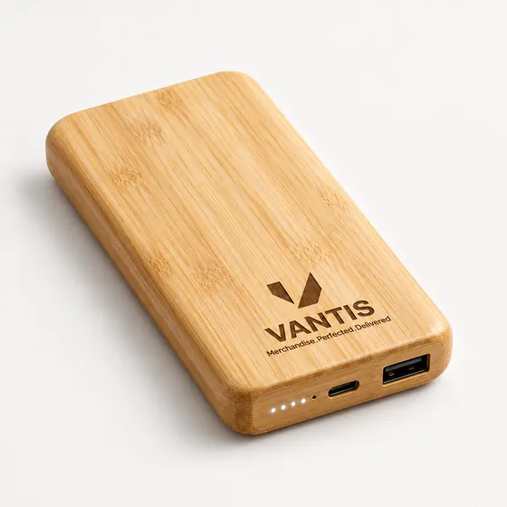 Bamboo Power Bank, branded with the Vantis logo