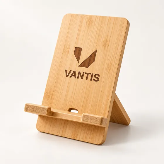 Bamboo Phone Stand, branded with the Vantis logo